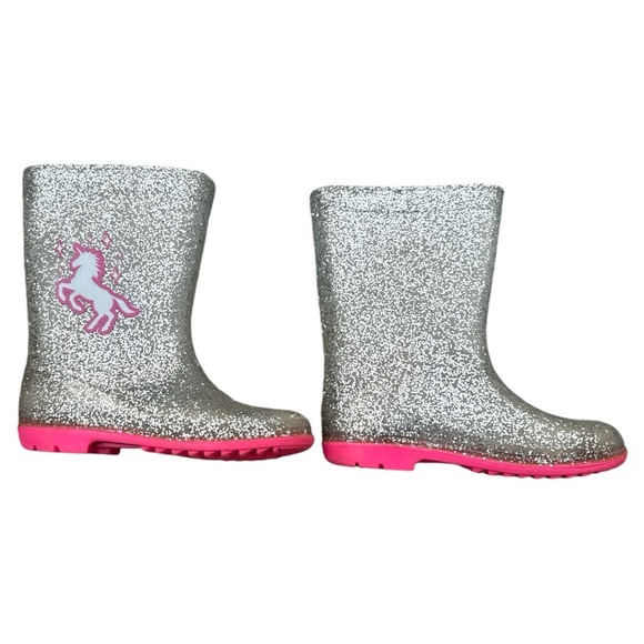 Kid’s Silver Glitter Rain Boots Pink Rubber Wellies Boot Unicorn 🦄 size 13 - Picture 1 of 4